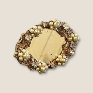 Vintage Gold-Tone Oval Mirror Ring With Seed Bead Pearl & Crystal Accents